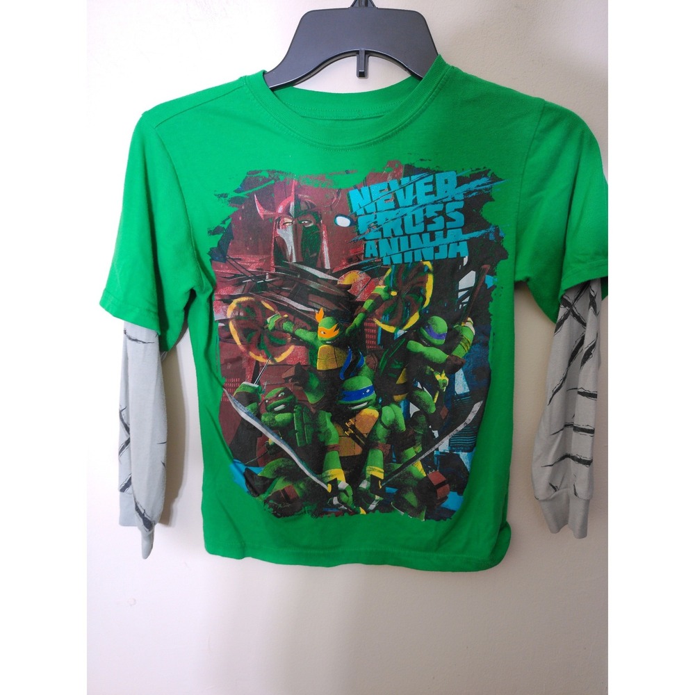 Nickelodeon TMNT Graphic Tee Youth Size M 8 Green Layered Sleeve Ninja Turtles